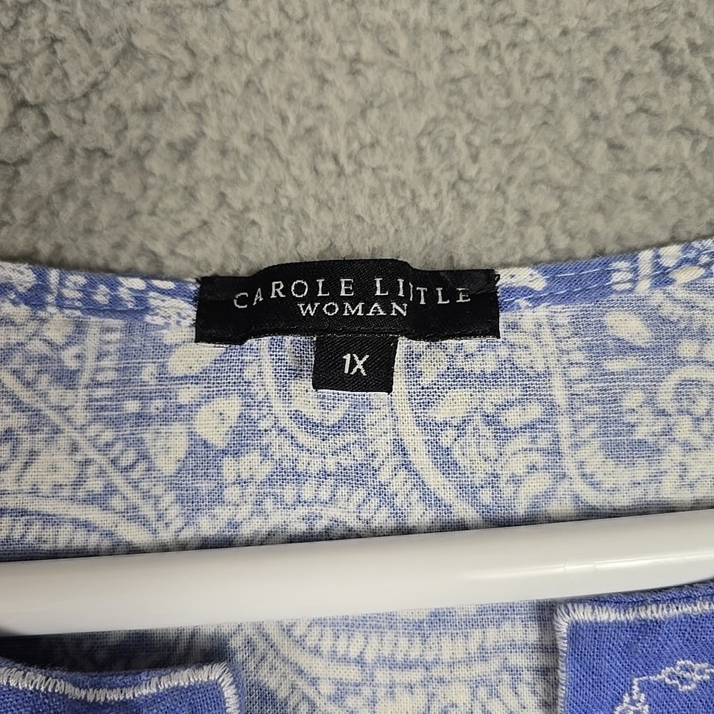 Carole Little Blue & White 3/4 Sleeve Linen Blend Embroidered Eyelet Shirt 1X - Picture 4 of 14